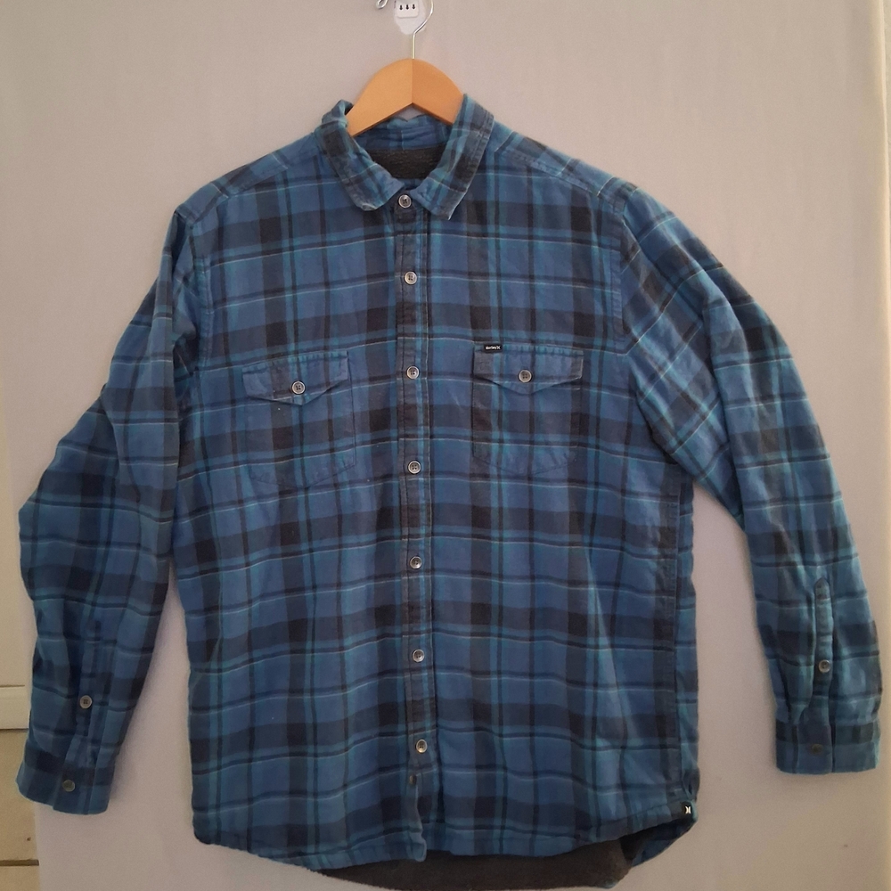 Hurley Fur Lined Full Button Fleece Shirt/ Jacket : Size Large: Blue/Black Plaid